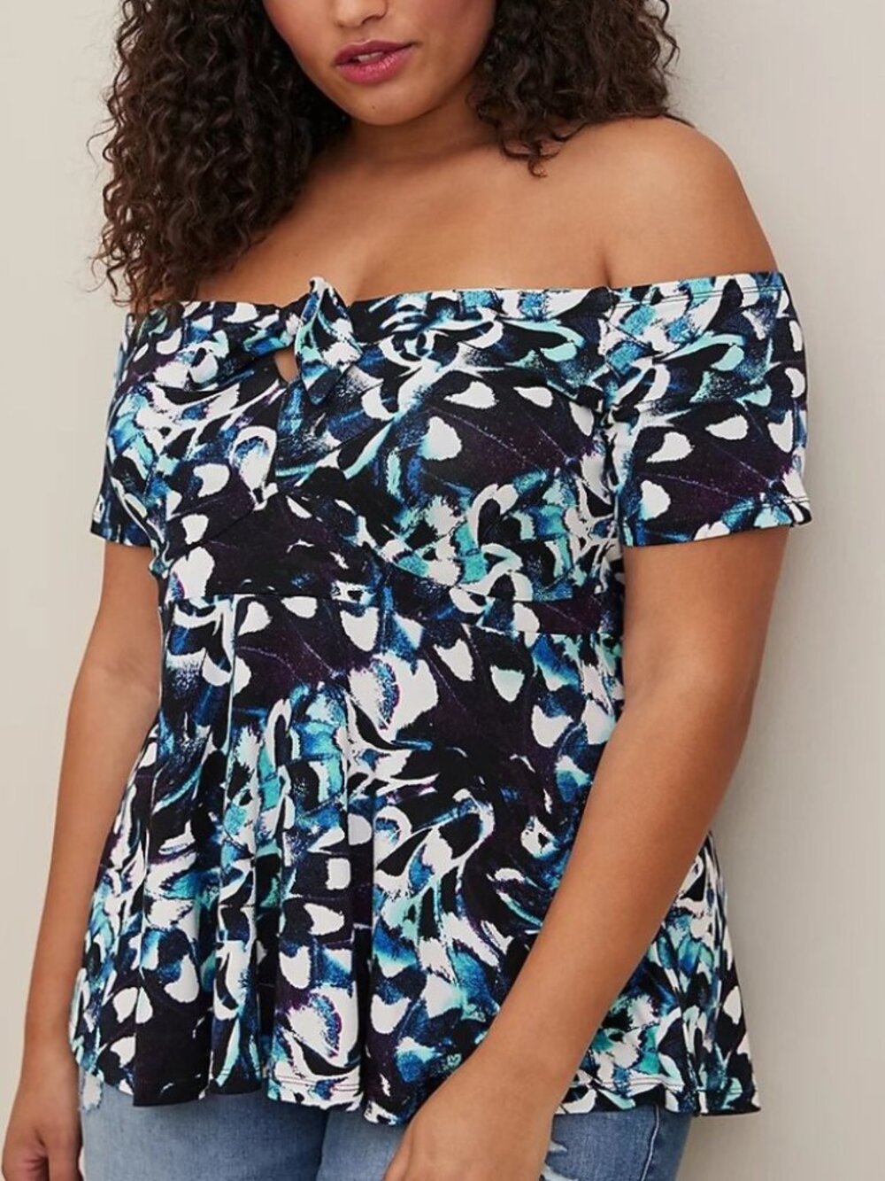 Torrid Top 5X Off Shoulder Babydoll Blue Floral Boho Super Soft Plus Size NWT